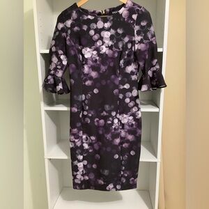 DKNY women's black and purple dot print flounce bell sleeve sheath dress Size 2